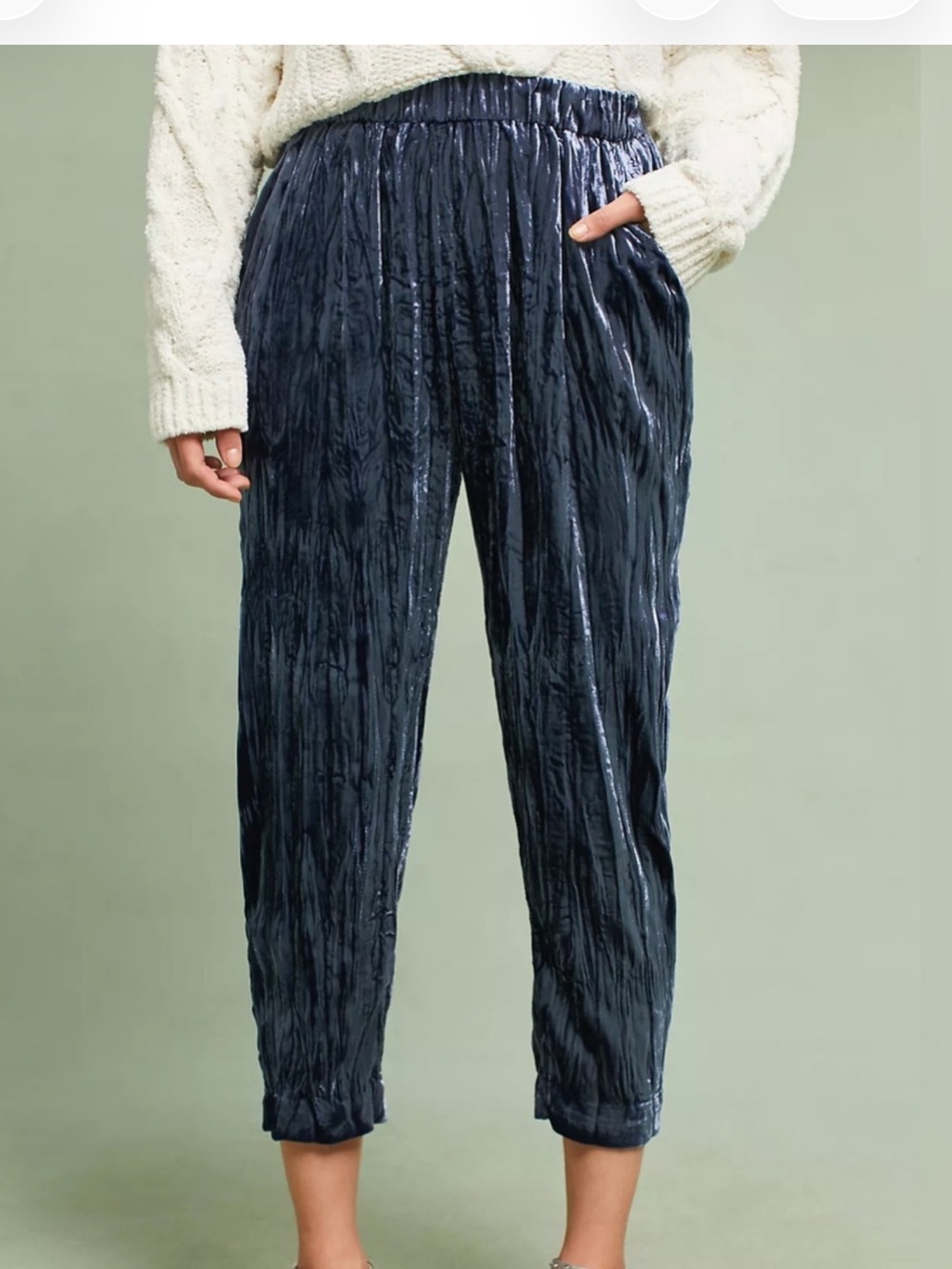 Anthropologie Crushed Velvet Cropped Pants in Navy Blue